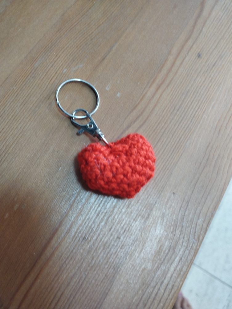 Pink crocheted heart keychain