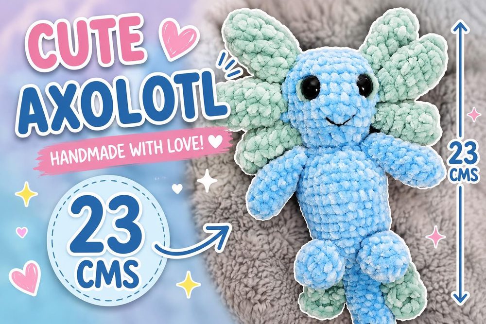 Aqua the Axolotl — handmade chenille crochet axolotl plushie in blue