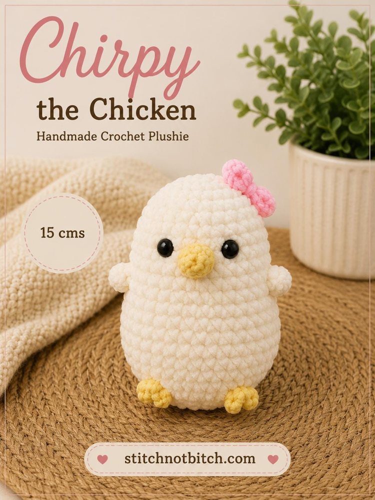 Chirpy the Chicken — handmade chenille crochet chicken plushie with a pink bow
