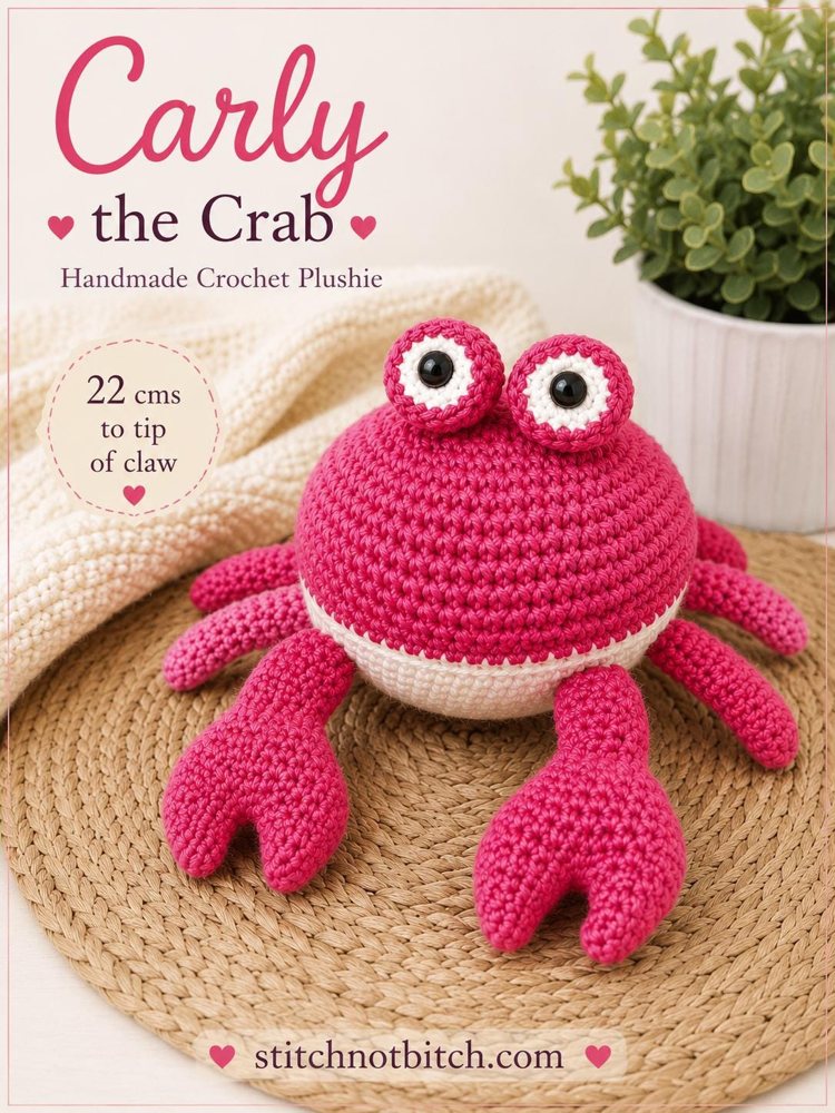 Carly the Crab — handmade crochet crab plushie in bright pink