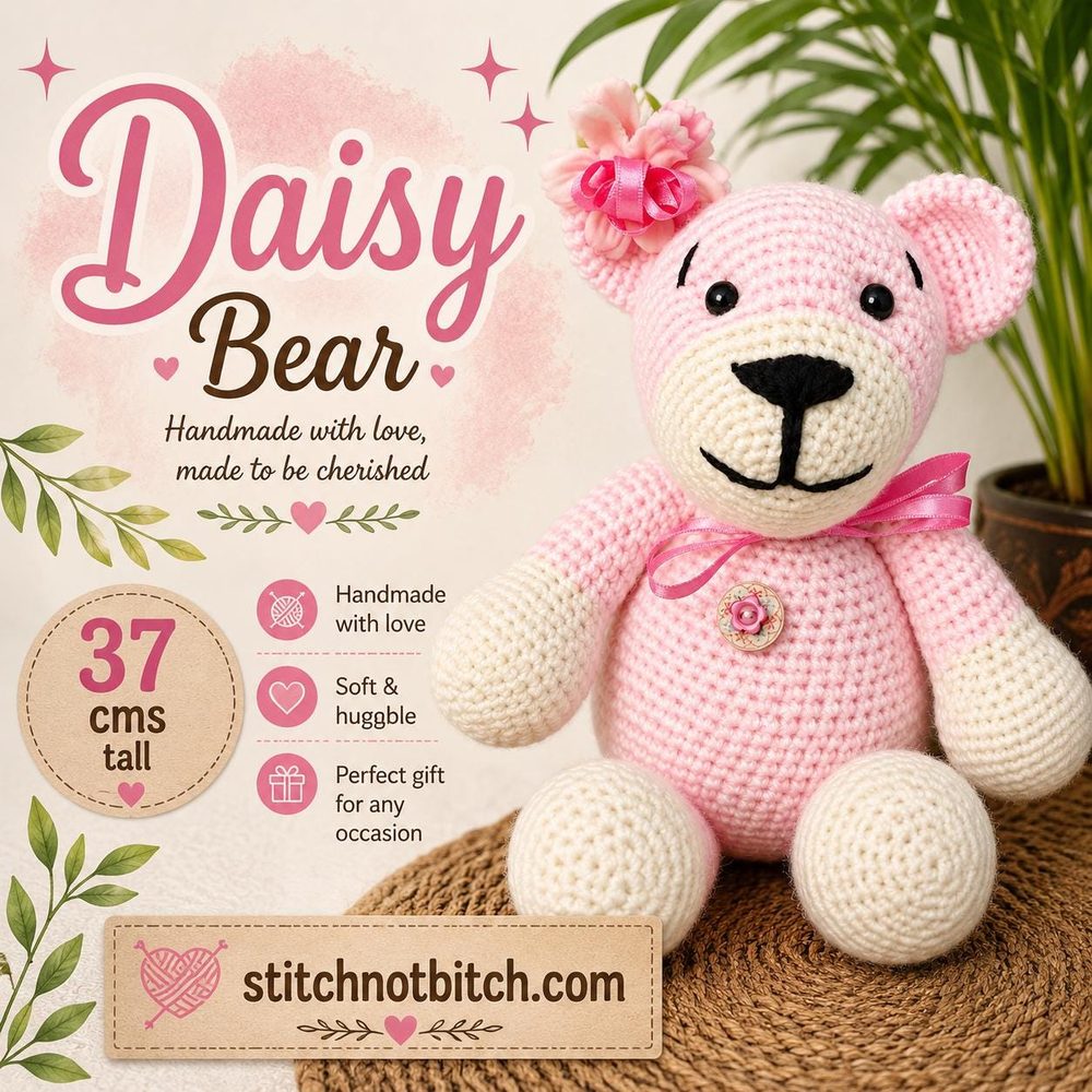 Daisy Bear — handmade crochet teddy bear in soft pink