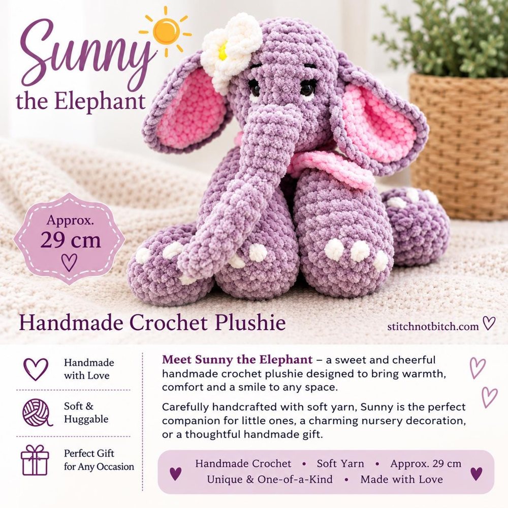 Sunny the Elephant — handmade chenille crochet elephant plushie in purple