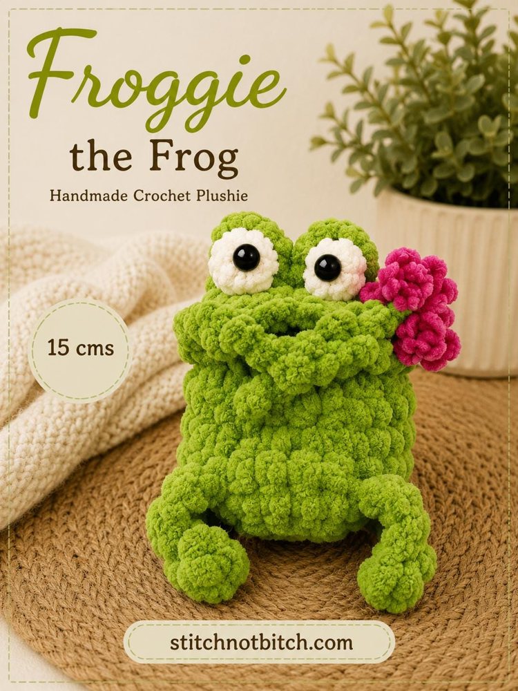 Froggie the Frog — handmade chenille crochet frog plushie with a fuchsia flower