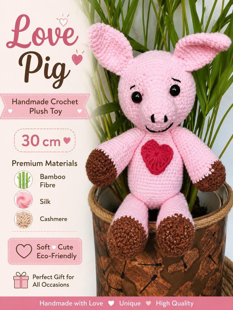 Love Pig — handmade crochet pig plush, 30 cm