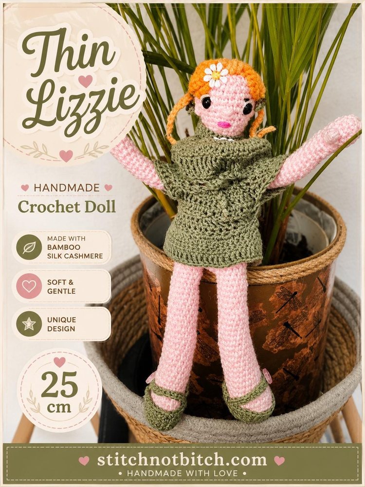 Thin Lizzie — handmade crochet doll, 25 cm